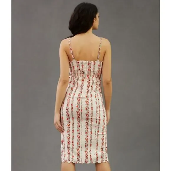 Anthropologie Slim Scalloped Corset Dress Floral Striped Belted Button Slit Midi - Picture 5 of 14